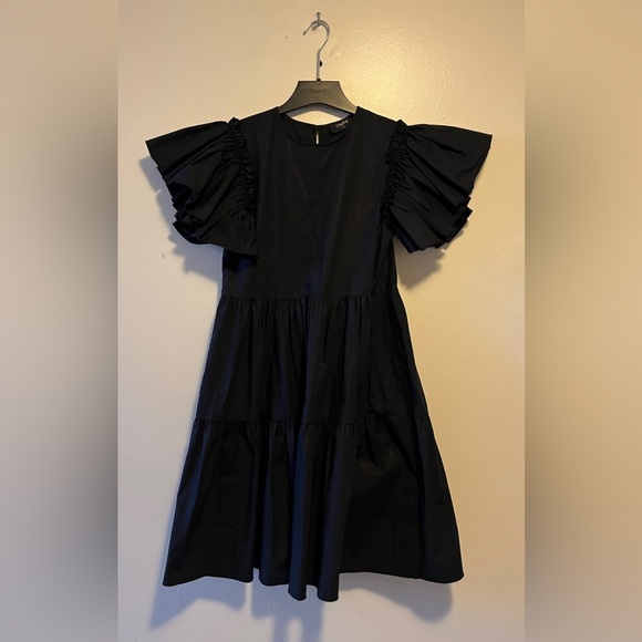Chepé Made In Italy Black 100% Poplin Cotton Puff Sleeve Black Midi Dress Sz XS - Picture 4 of 14